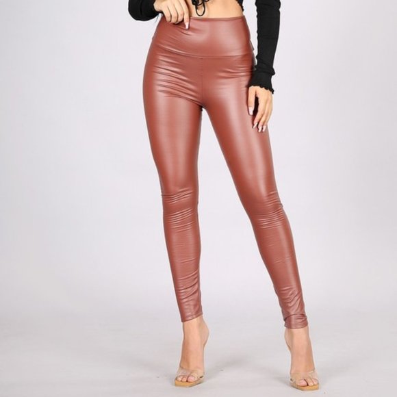 CEMI CERI High Waist Faux Leather Fleece Leggings Chocolate Burgundy Black - Picture 12 of 13